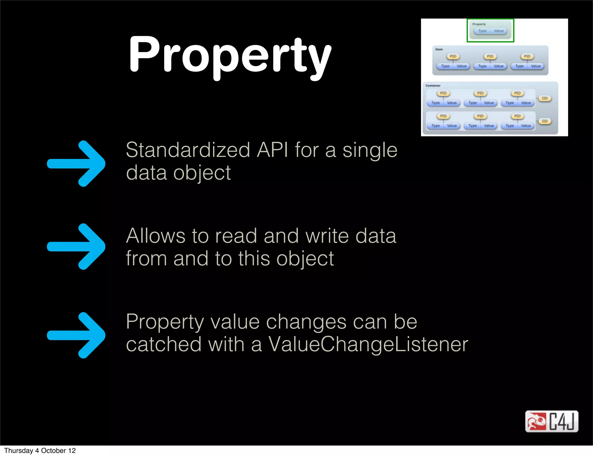 Property
                        Standardized API for a single
                        data object


                        Allows to read and write data
                        from and to this object


                        Property value changes can be
                        catched with a ValueChangeListener



Thursday 4 October 12
 