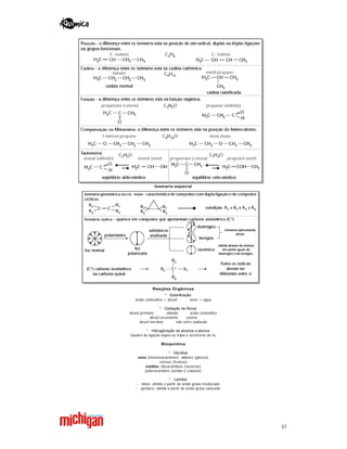 37
Isomeria espacial
Reações Orgânicas
* Esterificação
ácido carboxílico + álcool éster + água
* Oxidação de Álcool
álcool primário aldeído ácido carboxílico
álcool secundário cetona
álcool terciário não sofre oxidação
* Hidrogenação de alcenos e alcinos
Quebra de ligação dupla ou tripla e acréscimo de H2
Bioquímica
* Glicídios
oses (monossacarídeos): aldoses (glicose)
cetoses (frutose)
osídios: dissacarídeos (sacarose)
polissacarídeos (amido e celulose)
* Lipídios
- óleos: obtido a partir de ácido graxo insaturado
- gordura: obtida a partir de ácido graxo saturado
 