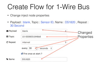 Create Flow for 1-Wire Bus
• Change inject node properties
• Payload : blank, Topic : Sensor ID, Name : DS1820 , Repeat :
30 Second
Changed
Properties
 