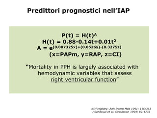 Predittori prognostici nell’IAP
P(t) = H(t)A
H(t) = 0.88-0.14t+0.01t2
A = e(0.007325x)+(0.0526y)-(0.3275z)
(x=PAPm, y=RAP, z=CI)
“Mortality in PPH is largely associated with
hemodynamic variables that assess
right ventricular function”
NIH registry: Ann Intern Med 1991; 115:343
J Sandoval et al: Circulation 1994; 89:1733
 