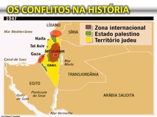 OS CONFLITOS NA HISTÓRIA
Egito, Iraque, Jordânia, Líbano e Síria atacam Israel.
RESULTADOS
Território de Israel passa de 14.500km2 para 20.900km2
Faixa de Gaza é dada ao Egito
Jerusalém é dividida entre Israel e Jordânia
Surgimento de ~300mil refugiados
Agruparam-se no Líbano, Jordânia e Faixa de Gaza
 