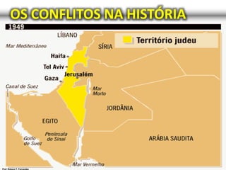 OS CONFLITOS NA HISTÓRIA
Egito, Iraque, Jordânia, Líbano e Síria atacam Israel.
RESULTADOS
Território de Israel passa de 14.500km2 para 20.900km2
Faixa de Gaza é dada ao Egito
Jerusalém é dividida entre Israel e Jordânia
Surgimento de ~300mil refugiados
Agruparam-se no Líbano, Jordânia e Faixa de Gaza
 