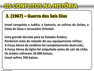 OS CONFLITOS NA HISTÓRIA
Israel conquista a Judéia, a Samaria, as colinas de Golan, a
Faixa de Gaza e Jerusalém Oriental.
Uma grande derrota para os Estados Árabes;
Perderam mais de metade do seu equipamento militar;
A Força Aérea da Jordânia foi completamente destruída;
A Força Aérea do Egito foi aniquilada antes de sair do chão;
Os árabes sofreram 18.000 baixas;
Israel sofreu 766 baixas.
 