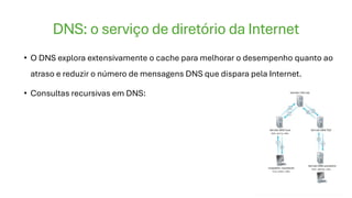 DNS: o serviço de diretório da Internet
• O DNS explora extensivamente o cache para melhorar o desempenho quanto ao
atraso e reduzir o número de mensagens DNS que dispara pela Internet.
• Consultas recursivas em DNS:
 