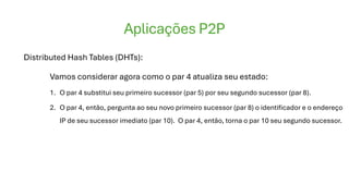 Aplicações P2P
Distributed Hash Tables (DHTs):
Vamos considerar agora como o par 4 atualiza seu estado:
1. O par 4 substitui seu primeiro sucessor (par 5) por seu segundo sucessor (par 8).
2. O par 4, então, pergunta ao seu novo primeiro sucessor (par 8) o identificador e o endereço
IP de seu sucessor imediato (par 10). O par 4, então, torna o par 10 seu segundo sucessor.
 