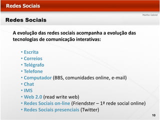 Redes Sociais

  A evolução das redes sociais acompanha a evolução das
  tecnologias de comunicação interativas:

     • Escrita
     • Correios
     • Telégrafo
     • Telefone
     • Computador (BBS, comunidades online, e-mail)
     • Chat
     • IMS
     • Web 2.0 (read write web)
     • Redes Sociais on-line (Friendster – 1ª rede social online)
     • Redes Sociais presenciais (Twitter)
                                                                    10
 
