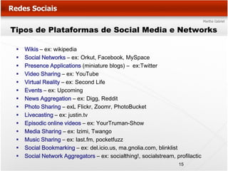 Tipos de Plataformas de Social Media e Networks

    Wikis – ex: wikipedia
    Social Networks – ex: Orkut, Facebook, MySpace
    Presence Applications (miniature blogs) – ex:Twitter
    Video Sharing – ex: YouTube
    Virtual Reality – ex: Second Life
    Events – ex: Upcoming
    News Aggregation – ex: Digg, Reddit
    Photo Sharing – exL Flickr, Zoomr, PhotoBucket
    Livecasting – ex: justin.tv
    Episodic online videos – ex: YourTruman-Show
    Media Sharing – ex: Izimi, Twango
    Music Sharing – ex: last.fm, pocketfuzz
    Social Bookmarking – ex: del.icio.us, ma.gnolia.com, blinklist
    Social Network Aggregators – ex: socialthing!, socialstream, profilactic
                                                                   15
 
