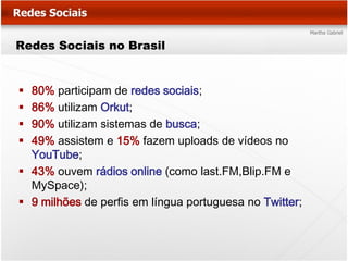 Redes Sociais no Brasil


 80% participam de redes sociais;
 86% utilizam Orkut;
 90% utilizam sistemas de busca;
 49% assistem e 15% fazem uploads de vídeos no
  YouTube;
 43% ouvem rádios online (como last.FM,Blip.FM e
  MySpace);
 9 milhões de perfis em língua portuguesa no Twitter;
 