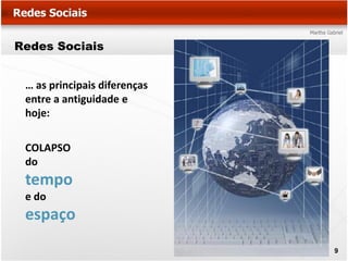 Redes Sociais


 … as principais diferenças
 entre a antiguidade e
 hoje:

 COLAPSO
 do
 tempo
 e do
 espaço
                              9
 