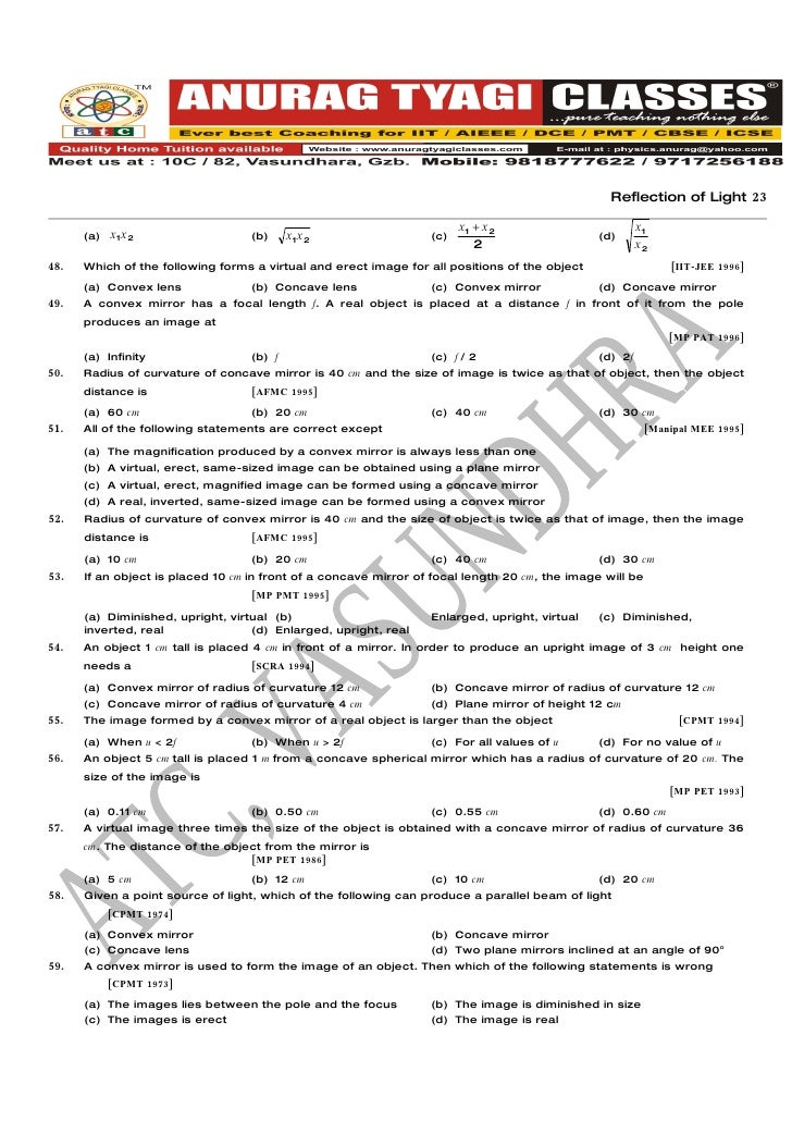 Reflection Of Light (Assignment )by Atc,ANURAG TYAGI CLASSES