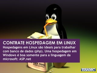 CONTRATE HOSPEDAGEM EM LINUX
Hospedagens em Linux são ideais para trabalhar
com banco de dados (php). Uma hospedagem em
Windows é boa somente para a linguagem da
microsoft: ASP.net
 