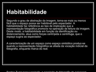 Habitabilidade Segundo o grau de abstração da imagem, torna-se mais ou menos fácil que o espaço possa ser habitável pelo espectador. A habitabilidade faz referência ao tipo de implicação que a representação fotográfica promove na operação de leitura da imagem. Deste modo, a habitabilidade em função da identificação ou distanciamento, atua como forças centrípeta e centrifuga, que o espaço sugira ao espectador.  A caracterização de um espaço como espaço simbólico produz-se quando a representação fotográfica se afasta da vocação indicial da fotografia, enquanto marca do real. Santos Zunzunegui assinala, a propósito da fotografia de paisagem, que uma paisagem será indicial  “ quando nela predomine a sua dimensão constatativa ” , enquanto que uma paisagem fotografada será considerada  “ simbolista ou simbólica ” ,  “ na medida em que o fundamental da sua estratégia significativa coloque o visível ao serviço do não visível ”  (p. 145). Se em alguns fotógrafos David Kinsey ou Timothy O ’ Sullivan a fotografia de paisagem tem um valor testemunhal, em Ansel Adams todo o trabalho parece dirigir-se para  “ a construção de uma visão substancialmente estética do mundo e das coisas ” . Em Adams, a poética indicialista é substituída por  “ um trabalhado jogo luminoso que estende pontes entre a cascata, o rio e o arco-íris criando uma emotiva sensibilidade dramática ante a luz ”  (p. 152). De facto, o espaço simbólico de que vimos falando poderia considerar-se como um espaço subjectivo, em termos estritamente semânticos. O reconhecimento de uma poética simbólica é algo que dependerá do sujeito que realize a análise, já que na operação de leitura o que irrompe é também a própria experiência subjectiva do intérprete. 
