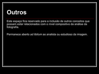 Outros Este espaço fica reservado para a inclusão de outros conceitos que possam estar relacionados com o nível compositivo da análise da fotografia.  Permanece aberto  ad libitum  ao analista ou estudioso da imagem. 