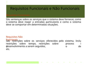 Requisitos Funcionais e Não Funcionais
Requisitos Funcionais
São sentenças sobre os serviços que o sistema deve fornecer, como
o sistema deve reagir a entradas particulares e como o sistema
deve se comportar em determinadas situações.
Requisitos Não
Funcionais
Inclu
i
de
restrições sobre tempo, restrições sobre
o
São restrições sobre os serviços oferecidos pelo sistema.
process
o
desenvolvimento a serem seguidos,
etc.
 