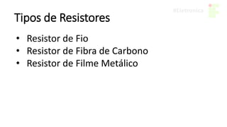 Tipos de Resistores
• Resistor de Fio
• Resistor de Fibra de Carbono
• Resistor de Filme Metálico
 