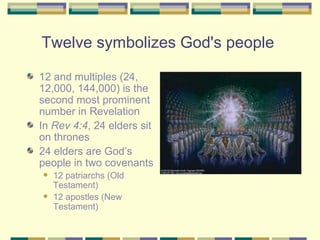 Twelve symbolizes God's people  <ul><li>12 and multiples (24, 12,000, 144,000) is the second most prominent number in Reve...