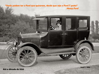 “Vocês podem ter o Ford que quiserem, desde que seja o Ford T preto” 
Henry Ford 
Ford T -1924 
Até a década de 1950  