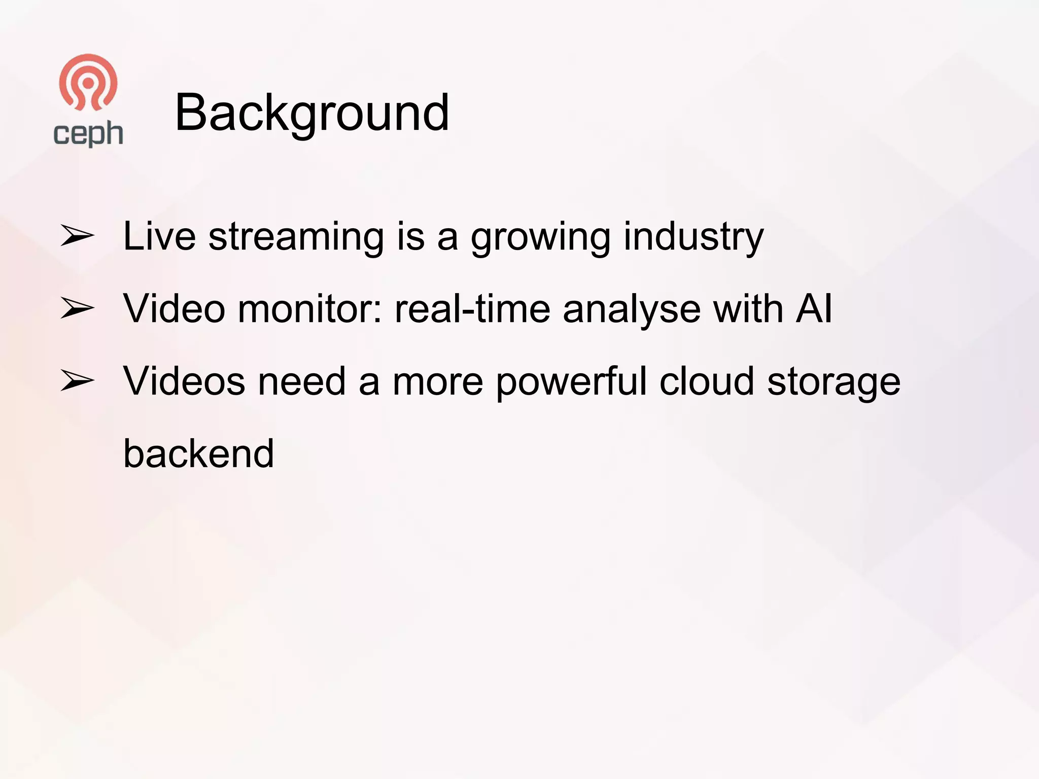 Background
➢ Live streaming is a growing industry
➢ Video monitor: real-time analyse with AI
➢ Videos need a more powerful cloud storage
backend
 