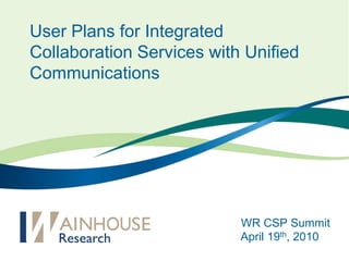 User Plans for Integrated Collaboration Services with Unified Communications  WR CSP Summit April 19th, 2010 
