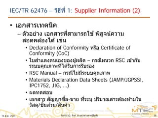 IEC/TR 62476 – วิธีที่ 1: Supplier Information (2)
• เอกสารเทคนิค
– ตัวอย่าง เอกสารที่สามารถใช ้พิสูจน์ความ
สอดคล ้องได ้เช่น
• Declaration of Conformity หรือ Certificate of
Conformity (CoC)
• ใบสําแดงตนเองของผู้ผลิต – กรณีผนวก RSC เข ้ากับ
ระบบคุณภาพที่ได ้รับการรับรอง
• RSC Manual – กรณีไม่มีระบบคุณภาพ
• Materials Declaration Data Sheets (JAMP/JGPSSI,
IPC1752, JIG, …)
• ผลทดสอบ
• เอกสาร สัญญาซื้อ-ขาย ที่ระบุ ปริมาณสารต ้องห ้ามใน
วัสดุ/ชิ้นส่วน/สินค ้า
16 ส.ค. 2554 58RoHS V2: Part II แนวทางการปรับตัว
 