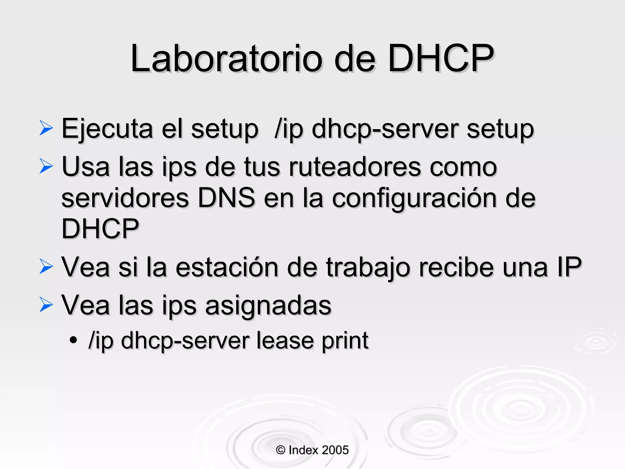 Laboratorio de DHCP Ejecuta el setup  /ip dhcp-server setup Usa las ips de tus ruteadores como servidores DNS en la configuración de DHCP Vea si la estación de trabajo recibe una IP Vea las ips asignadas /ip dhcp-server lease print © Index 2005 