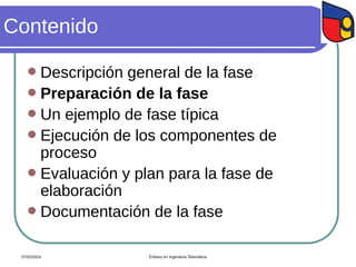 Contenido
 Descripción general de la fase
 Preparación de la fase
 Un ejemplo de fase típica
 Ejecución de los componentes de
proceso
 Evaluación y plan para la fase de
elaboración
 Documentación de la fase
07/02/2024 Énfasis en Ingeniería Telemática
 