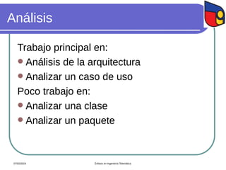 Análisis
Trabajo principal en:
 Análisis de la arquitectura
 Analizar un caso de uso
Poco trabajo en:
 Analizar una clase
 Analizar un paquete
07/02/2024 Énfasis en Ingeniería Telemática
 