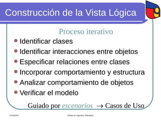 Construcción de la Vista Lógica
Proceso iterativo
 Identificar clases
 Identificar interacciones entre objetos
 Especificar relaciones entre clases
 Incorporar comportamiento y estructura
 Analizar comportamiento de objetos
 Verificar el modelo
Guiado por escenarios  Casos de Uso
07/02/2024 Énfasis en Ingeniería Telemática
 
