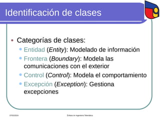 Identificación de clases
 Categorías de clases:
 Entidad (Entity): Modelado de información
 Frontera (Boundary): Modela las
comunicaciones con el exterior
 Control (Control): Modela el comportamiento
 Excepción (Exception): Gestiona
excepciones
07/02/2024 Énfasis en Ingeniería Telemática
 