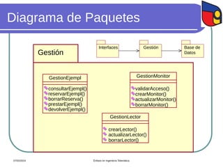 Diagrama de Paquetes
Gestión
GestionMonitor
crearMonitor()
validarAcceso()
actualizarMonitor()
borrarMonitor()
GestionLector
crearLector()
actualizarLector()
borrarLector()
GestionEjempl
consultarEjempl()
reservarEjempl()
borrarReserva()
prestarEjempl()
devolverEjempl()
Interfaces Base de
Datos
Gestión
07/02/2024 Énfasis en Ingeniería Telemática
 