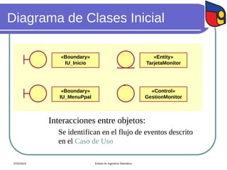 Diagrama de Clases Inicial
 Interacciones entre objetos:
 Se identifican en el flujo de eventos descrito
en el Caso de Uso
«Boundary»
IU_MenuPpal
«Control»
GestionMonitor
«Boundary»
IU_Inicio
«Entity»
TarjetaMonitor
07/02/2024 Énfasis en Ingeniería Telemática
 