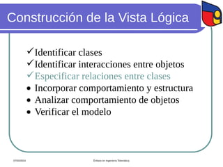 Construcción de la Vista Lógica
Identificar clases
Identificar interacciones entre objetos
Especificar relaciones entre clases
 Incorporar comportamiento y estructura
 Analizar comportamiento de objetos
 Verificar el modelo
07/02/2024 Énfasis en Ingeniería Telemática
 