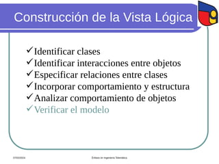 Construcción de la Vista Lógica
Identificar clases
Identificar interacciones entre objetos
Especificar relaciones entre clases
Incorporar comportamiento y estructura
Analizar comportamiento de objetos
Verificar el modelo
07/02/2024 Énfasis en Ingeniería Telemática
 