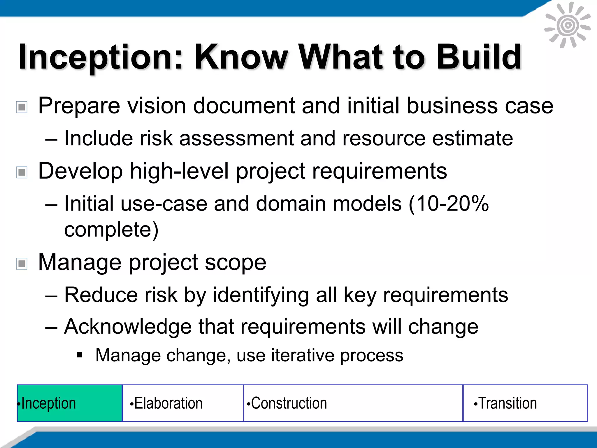 Inception: Know What to Build
Prepare vision document and initial business case
– Include risk assessment and resource estimate
Develop high-level project requirements
– Initial use-case and domain models (10-20%
complete)
Manage project scope
– Reduce risk by identifying all key requirements
– Acknowledge that requirements will change
 Manage change, use iterative process
•Inception •Elaboration •Construction •Transition
 