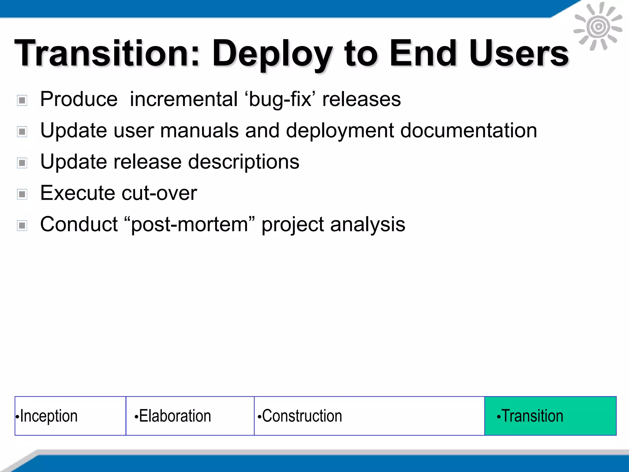 Produce incremental ‘bug-fix’ releases
Update user manuals and deployment documentation
Update release descriptions
Execute cut-over
Conduct “post-mortem” project analysis
Transition: Deploy to End Users
•Inception •Elaboration •Construction •Transition
 