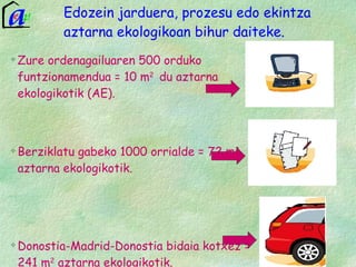 Edozein jarduera, prozesu edo ekintza aztarna ekologikoan bihur daiteke.  Zure ordenagailuaren 500 orduko funtzionamendua = 10 m 2  du aztarna ekologikotik (AE). Berziklatu gabeko 1000 orrialde = 72 m 2  aztarna ekologikotik. Donostia-Madrid-Donostia bidaia kotxez = 241 m 2  aztarna ekologikotik. 