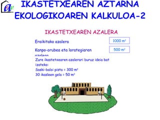 IKASTETXEAREN AZTARNA EKOLOGIKOAREN KALKULOA-2 IKASTETXEAREN AZALERA Eraikitako azalera Kanpo-orubea eta lorategiaren azalera   1000 m 2 500 m 2 Zure ikastetxearen azalerari buruz ideia bat izateko: Saski-baloi pista = 300 m 2  30 ikasleen gela = 50 m 2 