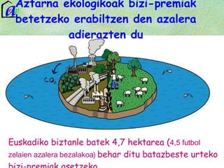 Aztarna ekologikoak bizi-premiak betetzeko erabiltzen den azalera adierazten du Euskadiko biztanle batek 4,7 hektarea ( 4,5 futbol zelaien azalera bezalakoa)  behar ditu batazbeste urteko bizi-premiak asetzeko 