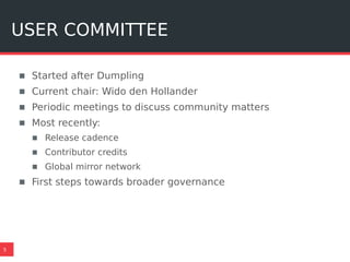 USER COMMITTEE
5
▪ Started after Dumpling
▪ Current chair: Wido den Hollander
▪ Periodic meetings to discuss community matters
▪ Most recently:
▪ Release cadence
▪ Contributor credits
▪ Global mirror network
▪ First steps towards broader governance
 