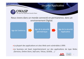 Nous	
  vivons	
  dans	
  un	
  monde	
  connecté	
  en	
  permanence,	
  dans	
  un	
  
environnement	
  Digital.	
  
v La	
  plupart	
  des	
  applica*ons	
  et	
  sites	
  Web	
  sont	
  vulnérables	
  à	
  99%	
  
v Le	
   business	
   est	
   basé	
   majoritairement	
   sur	
   des	
   applica*ons	
   de	
   type	
   Webs	
  
(Services,	
  Online	
  Store,	
  Self-­‐care,	
  Telcos,	
  SCADA,	
  ...)	
  
Sécurité	
  Applica*ve	
  
Age	
  de	
  l'an*virus	
  
Age	
  de	
  la	
  sécurité	
  
périmétrique	
  
Age	
  de	
  la	
  sécurité	
  
Applica*ve	
  
5	
  
 