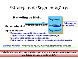 Estratégias de Segmentação (3)
            Marketing de Nicho
                                                     Segmento 1
                                                                      Subsegmento
                           Composto de Mkt Segmento 2                   ou nicho
   Caracterização :

   Aplicabilidade:                                   Segmento 3
        Consumidor sensível à diferenciação
        Organizações com pouca capacidade de produção
        Organizações com competências únicas
        Evitar concorrência com os líderes em participação de mercado

 Exemplos de Nicho: Toca discos de agulha, máquinas fotográficas de filme, etc.


“Não haverá mercado para produtos que todos gostem um pouco, apenas para
                   produtos que alguém gosta muito”.
 