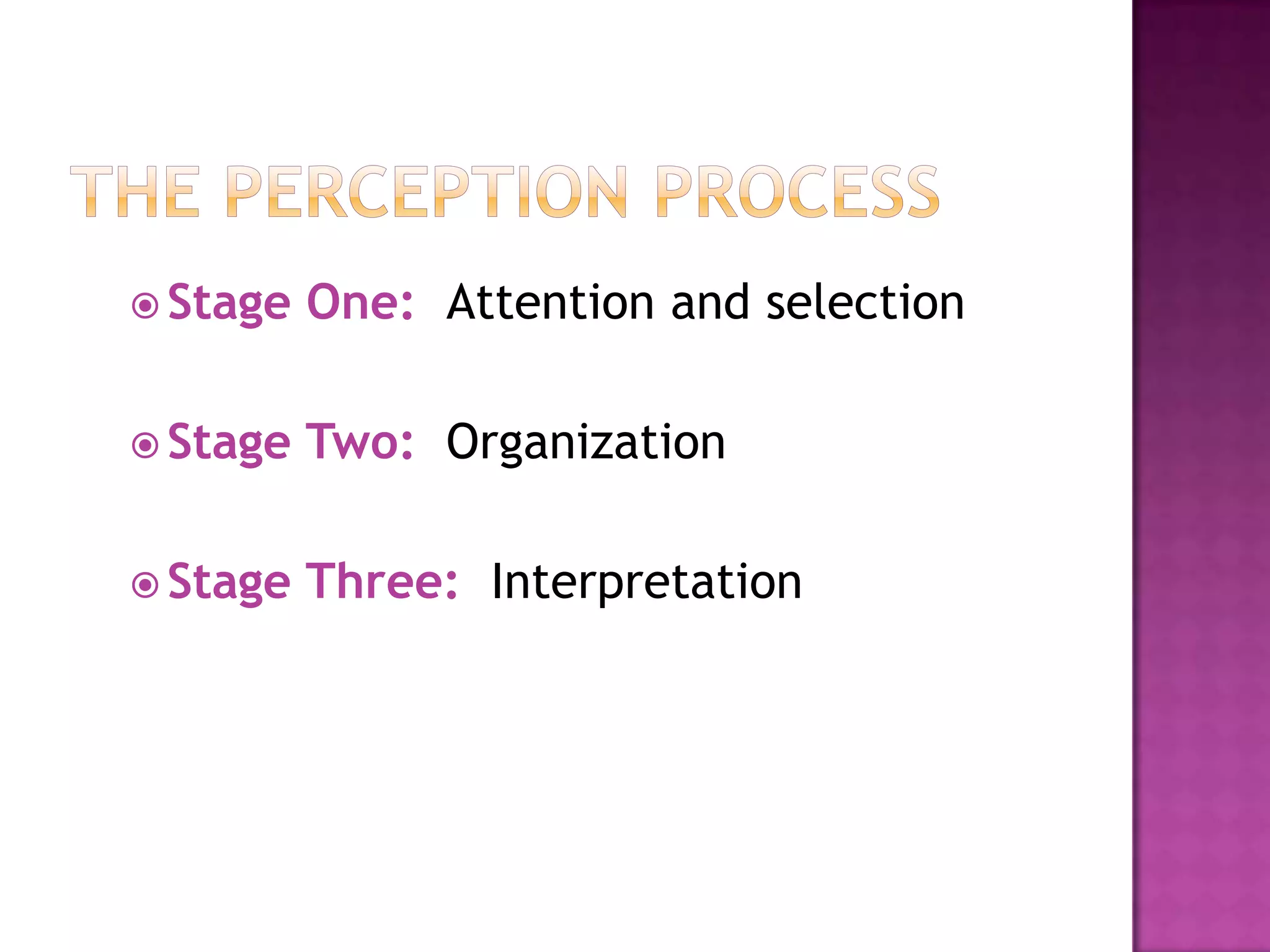  Stage

One: Attention and selection

 Stage

Two: Organization

 Stage

Three: Interpretation

 
