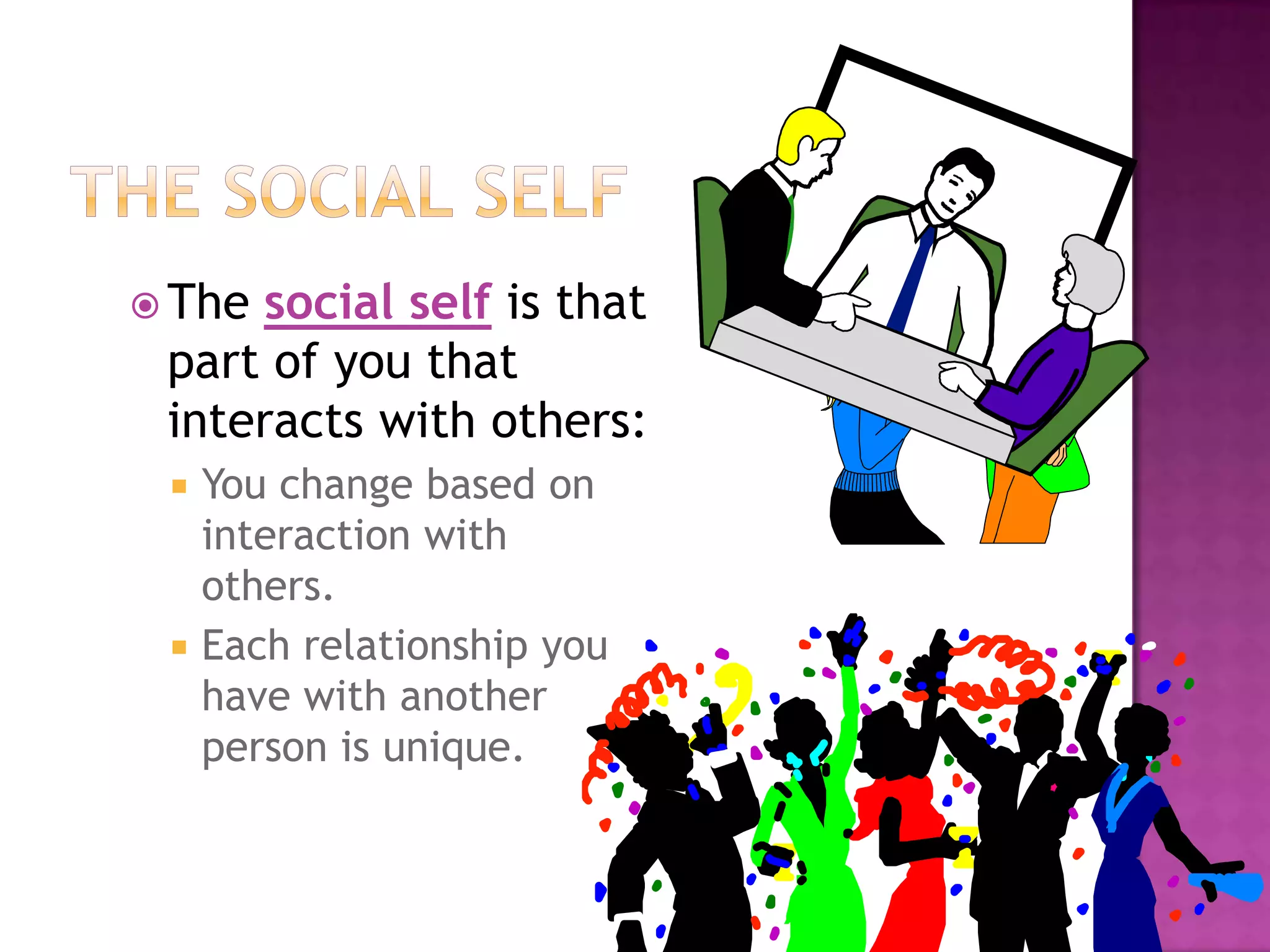  The

social self is that
part of you that
interacts with others:




You change based on
interaction with
others.
Each relationship you
have with another
person is unique.

 