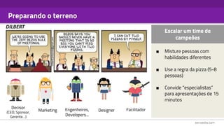 Preparando o terreno
Escalar um time de
campeões
■ Misture pessoas com
habilidades diferentes
■ Use a regra da pizza (5-8
pessoas)
■ Convide “especialistas”
para apresentações de 15
minutos
Decisor
(CEO, Sponsor,
Gerente…)
Marketing Engenheiros,
Developers...
Designer Facilitador
 