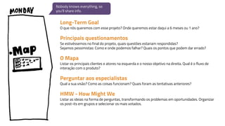 Long-Term Goal
O que nós queremos com esse projeto? Onde queremos estar daqui a 6 meses ou 1 ano?
Principais questionamentos
Se estivéssemos no final do projeto, quais questões estariam respondidas?
Sejamos pessimistas: Como e onde podemos falhar? Quais os pontos que podem dar errado?
O Mapa
Listar os principais clientes e atores na esquerda e o nosso objetivo na direita. Qual é o fluxo de
interação com o produto?
Perguntar aos especialistas
Qual a sua visão? Como as coisas funcionam? Quais foram as tentativas anteriores?
HMW - How Might We
Listar as ideias na forma de perguntas, transformando os problemas em oportunidades. Organizar
os post-its em grupos e selecionar os mais votados.
Nobody knows everything, so
you'll share info.
 