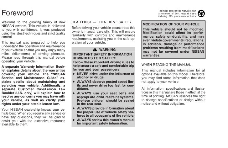 2002 SENTRA OWNER'S MANUAL 2002 SENTRA OWNER'S MANUAL