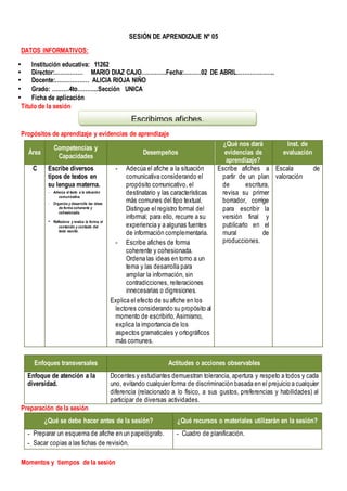SESIÓN DE APRENDIZAJE Nº 05
DATOS INFORMATIVOS:
 Institución educativa: 11262
 Director:…………… MARIO DIAZ CAJO………….Fecha:………02 DE ABRIL………………..
 Docente:……………… ALICIA RIOJA NIÑO
 Grado: ………4to………..Sección UNICA
 Ficha de aplicación
Título de la sesión
Propósitos de aprendizaje y evidencias de aprendizaje
Área
Competencias y
Capacidades
Desempeños
¿Qué nos dará
evidencias de
aprendizaje?
Inst. de
evaluación
C Escribe diversos
tipos de textos en
su lengua materna.
- Adecúa el texto a la situación
comunicativa.
- Organiza y desarrolla las ideas
de forma coherente y
cohesionada.
- Reflexiona y evalúa la forma, el
contenido y contexto del
texto escrito.
- Adecúa el afiche a la situación
comunicativa considerando el
propósito comunicativo, el
destinatario y las características
más comunes del tipo textual.
Distingue el registro formal del
informal; para ello, recurre a su
experiencia y a algunas fuentes
de información complementaria.
- Escribe afiches de forma
coherente y cohesionada.
Ordena las ideas en torno a un
tema y las desarrolla para
ampliar la información, sin
contradicciones, reiteraciones
innecesarias o digresiones.
Explica el efecto de su afiche en los
lectores considerando su propósito al
momento de escribirlo. Asimismo,
explica la importancia de los
aspectos gramaticales y ortográficos
más comunes.
Escribe afiches a
partir de un plan
de escritura,
revisa su primer
borrador, corrige
para escribir la
versión final y
publicarlo en el
mural de
producciones.
Escala de
valoración
Enfoques transversales Actitudes o acciones observables
Enfoque de atención a la
diversidad.
Docentes y estudiantes demuestran tolerancia, apertura y respeto a todos y cada
uno, evitando cualquier forma de discriminación basada en el prejuicio a cualquier
diferencia (relacionado a lo físico, a sus gustos, preferencias y habilidades) al
participar de diversas actividades.
Preparación de la sesión
¿Qué se debe hacer antes de la sesión? ¿Qué recursos o materiales utilizarán en la sesión?
- Preparar un esquema de afiche en un papelógrafo.
- Sacar copias a las fichas de revisión.
- Cuadro de planificación.
Momentos y tiempos de la sesión
Escribimos afiches.
 