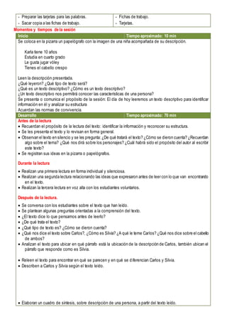 - Preparar las tarjetas para las palabras.
- Sacar copia a las fichas de trabajo.
- Fichas de trabajo.
- Tarjetas.
Momentos y tiempos de la sesión
Inicio Tiempo aproximado: 10 min
Se coloca en la pizarra un papelógrafo con la imagen de una niña acompañada de su descripción.
Karla tiene 10 años
Estudia en cuarto grado
Le gusta jugar vóley
Tienes el cabello crespo
Leen la descripción presentada.
¿Qué leyeron? ¿Qué tipo de texto será?
¿Qué es un texto descriptivo? ¿Cómo es un texto descriptivo?
¿Un texto descriptivo nos permitirá conocer las características de una persona?
Se presenta o comunica el propósito de la sesión: El día de hoy leeremos un texto descriptivo para identificar
información en él y analizar su estructura
Acuerdan las normas de convivencia.
Desarrollo Tiempo aproximado: 70 min
Antes de la lectura
 Recuerdan el propósito de la lectura del texto: identificar la información y reconocer su estructura.
 Se les presenta el texto y lo revisan en forma general.
 Observan el texto en silencio y se les pregunta: ¿De qué tratará el texto? ¿Cómo se dieron cuenta? ¿Recuerdan
algo sobre el tema? ¿Qué nos dirá sobre los personajes? ¿Cuál habrá sido el propósito del autor al escribir
este texto?
 Se registran sus ideas en la pizarra o papelógrafos.
Durante la lectura
 Realizan una primera lectura en forma individual y silenciosa.
 Realizan una segunda lectura relacionando las ideas que expresaron antes de leer con lo que van encontrando
en el texto.
 Realizan la tercera lectura en voz alta con los estudiantes voluntarios.
Después de la lectura.
 Se conversa con los estudiantes sobre el texto que han leído.
 Se plantean algunas preguntas orientadas a la comprensión del texto.
 ¿El texto dice lo que pensamos antes de leerlo?
 ¿De qué trata el texto?
 ¿Qué tipo de texto es? ¿Cómo se dieron cuenta?
 ¿Qué nos dice el texto sobre Carlos?, ¿Cómo es Silvia? ¿A qué le teme Carlos? ¿Qué nos dice sobre el cabello
de ambos?
 Analizan el texto para ubicar en qué párrafo está la ubicación de la descripción de Carlos, también ubican el
párrafo que responde como es Silvia.
 Releen el texto para encontrar en qué se parecen y en qué se diferencian Carlos y Silvia.
 Describen a Carlos y Silvia según el texto leído.
 Elaboran un cuadro de síntesis, sobre descripción de una persona, a partir del texto leído.
 