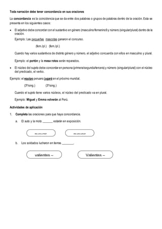 Toda narración debe tener concordancia en sus oraciones
La concordancia es la coincidencia que se da entre dos palabras o grupos de palabras dentro de la oración. Esta se
presenta en los siguientes casos:
 El adjetivo debe concordar con el sustantivo en género (masculino/femenino9 y número (singular/plural) dentro de la
oración.
Ejemplo: Las pequeñas mascotas ganaron el concurso.
(fem./pl.) (fem./pl.)
Cuando hay varios sustantivos de distinto género y número, el adjetivo concuerda con ellos en masculino y plural.
Ejemplo: el portón y la mesa rotos serán reparados.
 El núcleo del sujeto debe concordar en persona (primera/segunda/tercera) y número (singular/plural) con el núcleo
del predicado, el verbo.
Ejemplo: el equipo peruano jugará en el próximo mundial.
(3º/sing.) (3º/sing.)
Cuando el sujeto tiene varios núcleos, el núcleo del predicado va en plural.
Ejemplo: Miguel y Emma volverán al Perú.
Actividades de aplicación
1. Completa las oraciones para que haya concordancia.
a. El auto y la moto _______ estarán en exposición.
b. Los soldados lucharon en tierras ________.
nuevas nuevos
valientes –
lejanas
Valientes –
lejana
 