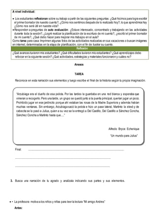 A nivel individual:
 Los estudiantes reflexionan sobre su trabajo a partir de las siguientes preguntas: ¿Qué hicimos para logra escribir
el primer borrador de nuestro cuento?, ¿Cómo nos sentimos después de lo realizado hoy?, lo que aprendimos hoy
¿Cómo nos será útil en nuestra vida?
Responden a preguntas de auto evaluación: ¿Estuve interesado, concentrado y trabajando en las actividades
durante toda la sesión?, ¿Logré realizar la planificación de la escritura de mi cuento?, ¿escribíel primer borrador
de mi cuento?, ¿Qué debo hacer para mejorar mis trabajos en el aula?
Como tarea para casa: Imprimen algunas fotos de las actividades realizadas en sus vacaciones o buscan imágenes
en internet, determinadas en la etapa de planificación, con el fin de ilustrar su cuento.
Reflexión
¿Qué avances tuvieron mis estudiantes? ¿Qué dificultades tuvieron mis estudiantes? ¿Qué aprendizajes debo
reforzar en la siguiente sesión? ¿Qué actividades, estrategias y materiales funcionaron y cuáles no?
Anexos
TAREA
Reconoce en esta narración sus elementos y luego escribe el final de la historia según tu propia imaginación.
“Arzubiaga era el dueño de esa pelota. Por las tardes la guardaba en una red blanca y esperaba que
vinieran a recogerlo.Pero una tarde, un grupo se quedó junto a la puerta principal, querían jugar un poco.
Prohibido jugar en ese jardincito porque ahí estaban las rosas de la Madre Superiora y además habían
muchas ventanas. Sin embargo, Arzubiaga sacó la pelota e hizo un pase lateral, Martinto la elevó y de
cabecita se la pasó a Julius, quien a su vez se la entregó a Del Castillo, Del Castillo a Sánchez Concha,
Sánchez Concha a Martinto hasta que....”
Alfredo Bryce Echenique
“Un mundo para Julius”
Final: ........................................................................................................................
........................................................................................................................
.......................................................................................................................
3. Busca una narración de tu agrado y analízala indicando sus partes y sus elementos.
 • La profesora motiva a los niños y niñas para leer la lectura “Mi amigo Andres”
Antes:
 